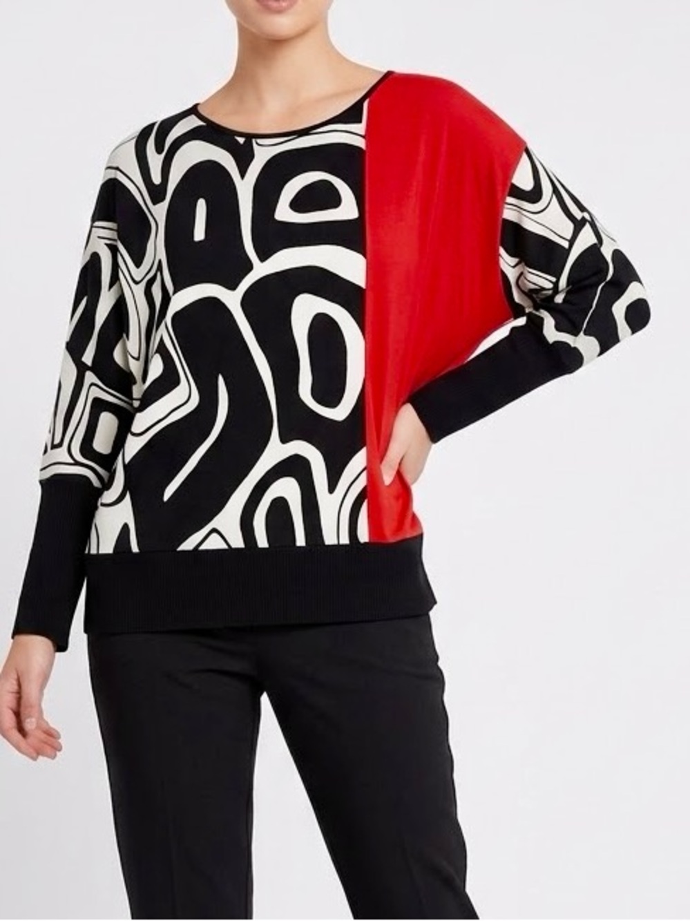 CHAUS Abstract Colorblock Tunic Dolman Sleeve Top - Red Black White β #LHP